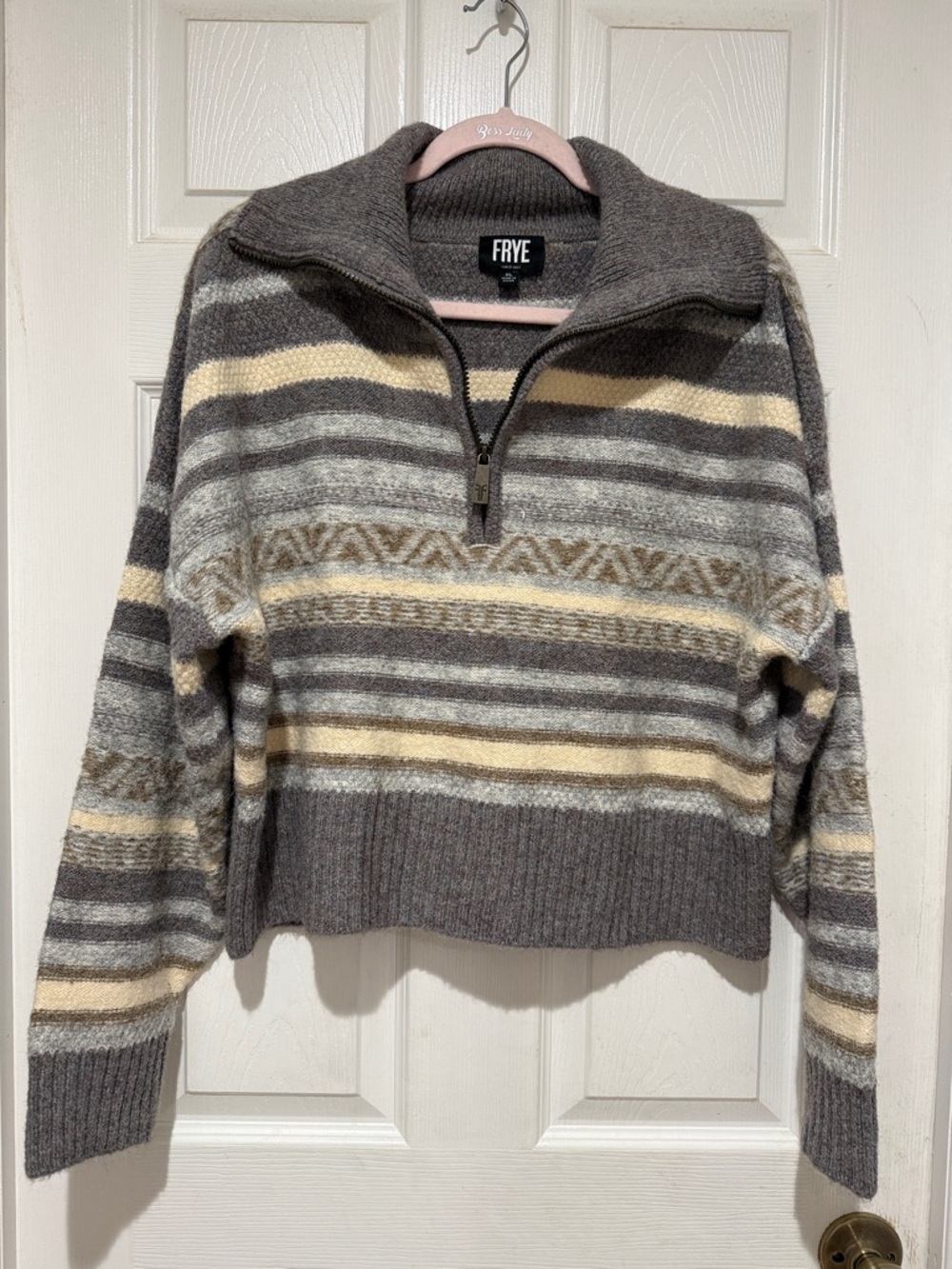 Frye Striped Half-Zip Sweater in Gray, Cream & Taupe